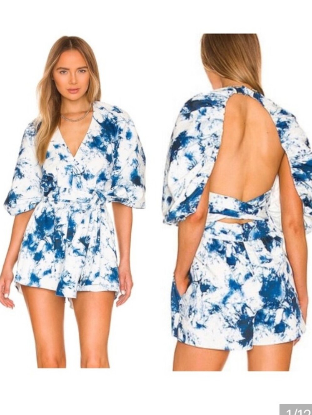 AMUR Constance Shibori Acid Tie-Dye Blue & White Tie Front Romper Size 00 NWT